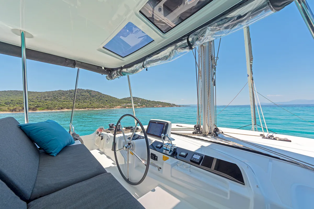 Cockpit of My Star, a Lagoon 46 catamaran at Athens, Greece