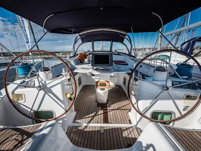 Cockpit of Vika, a Jeanneau Sun Odyssey 54 DS sailboat at Pirovac, Croatia