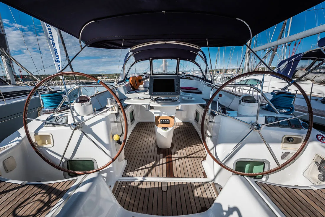 Cockpit of Vika, a Jeanneau Sun Odyssey 54 DS sailboat at Pirovac, Croatia
