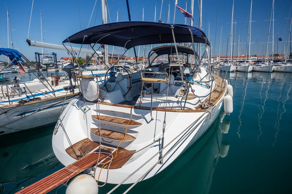 Exterior view of Vika, a Jeanneau Sun Odyssey 54 DS sailboat at Pirovac, Croatia