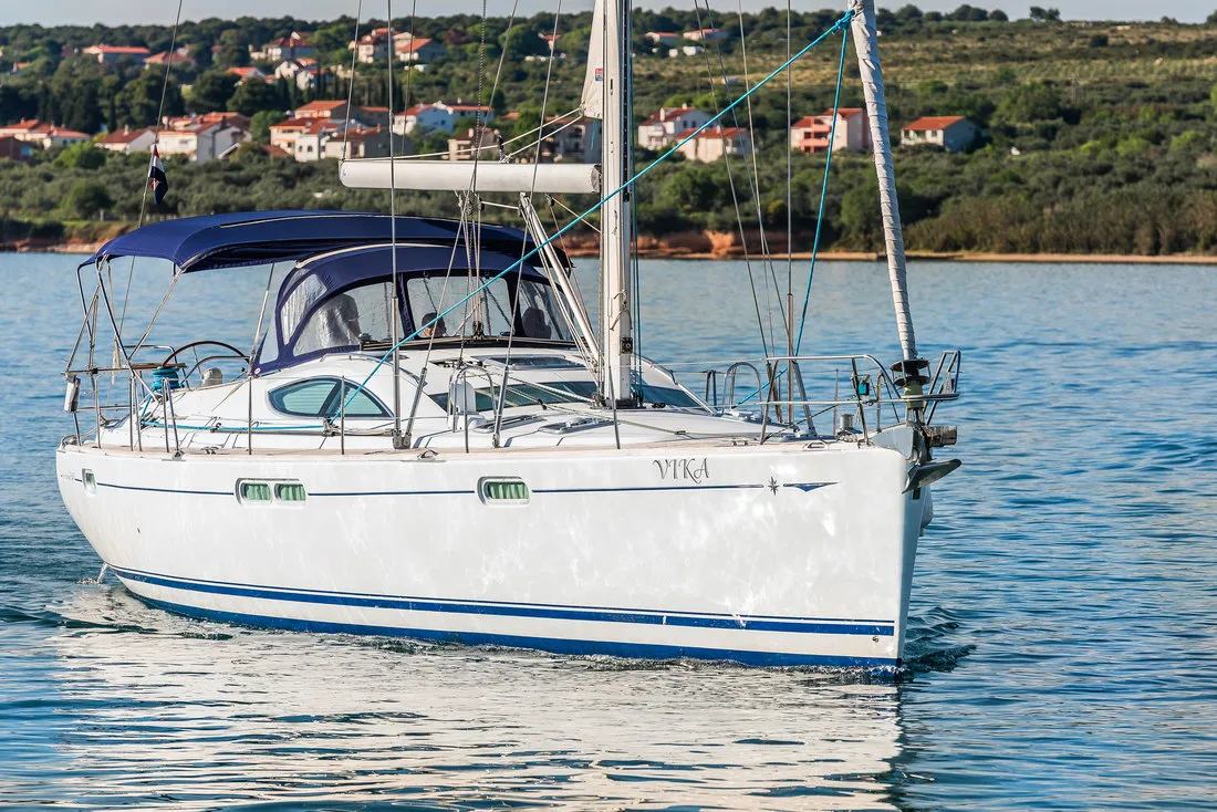 Exterior view of Vika, a Jeanneau Sun Odyssey 54 DS sailboat at Pirovac, Croatia