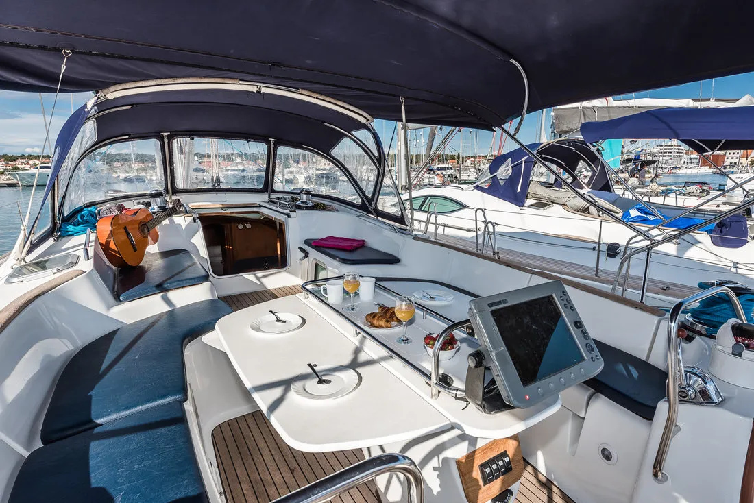 Deck of Vika, a Jeanneau Sun Odyssey 54 DS sailboat at Pirovac, Croatia