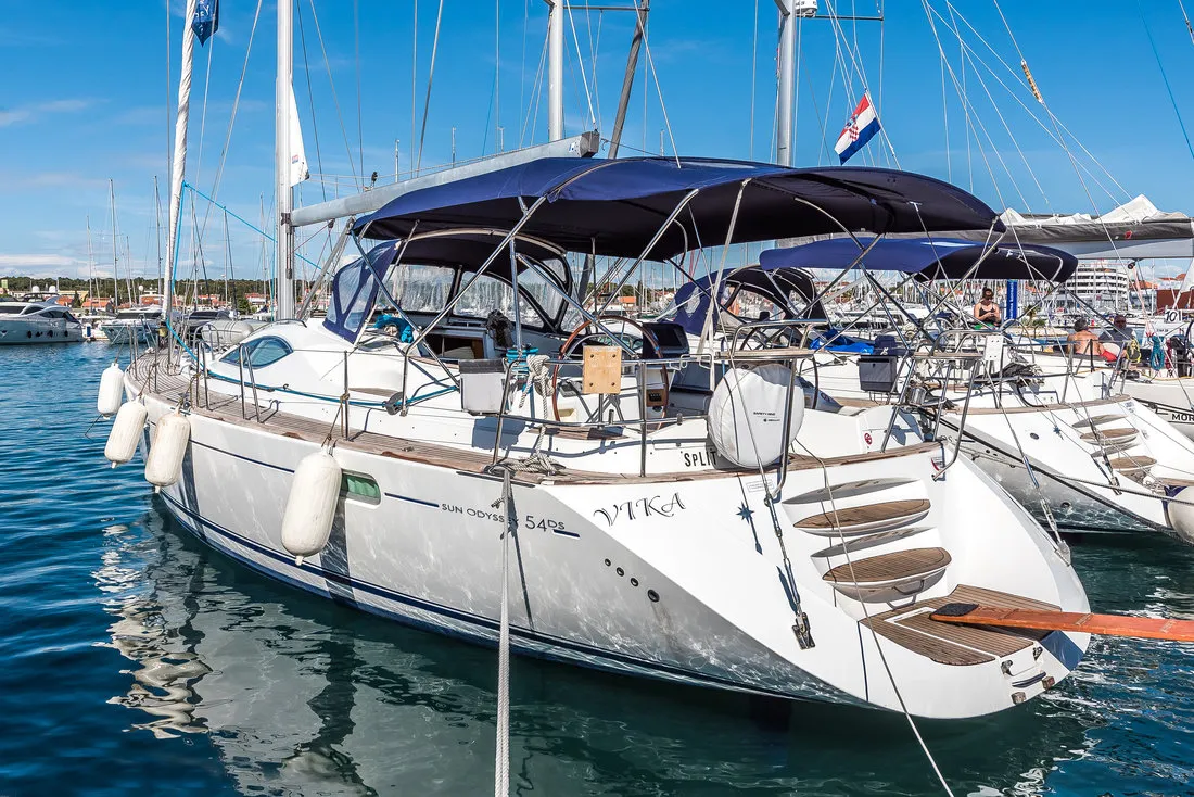 Exterior view of Vika, a Jeanneau Sun Odyssey 54 DS sailboat at Pirovac, Croatia