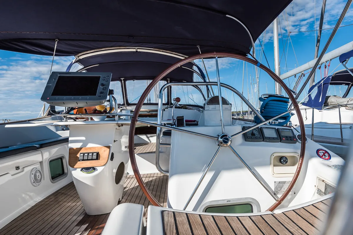 Cockpit of Vika, a Jeanneau Sun Odyssey 54 DS sailboat at Pirovac, Croatia