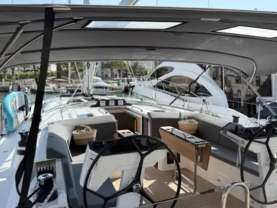 Cockpit of Ostwind III, a Bavaria C46 sailboat at Cala Egos, Spain
