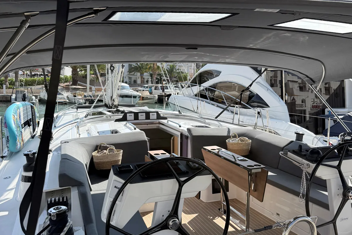 Cockpit of Ostwind III, a Bavaria C46 sailboat at Cala Egos, Spain