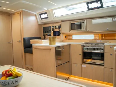 Galley of Ostwind III, a Bavaria C46 sailboat at Cala Egos, Spain