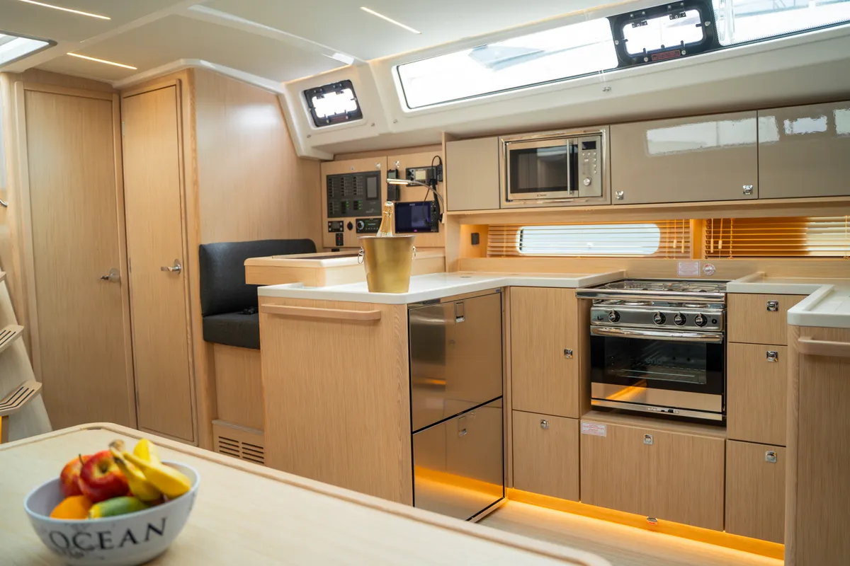 Galley of Ostwind III, a Bavaria C46 sailboat at Cala Egos, Spain