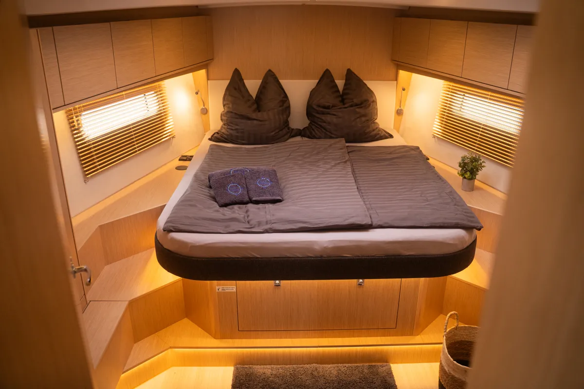 Cabin on Ostwind III, a Bavaria C46 sailboat at Cala Egos, Spain