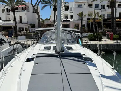 Deck of Ostwind III, a Bavaria C46 sailboat at Cala Egos, Spain
