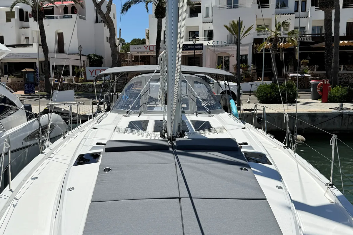 Deck of Ostwind III, a Bavaria C46 sailboat at Cala Egos, Spain