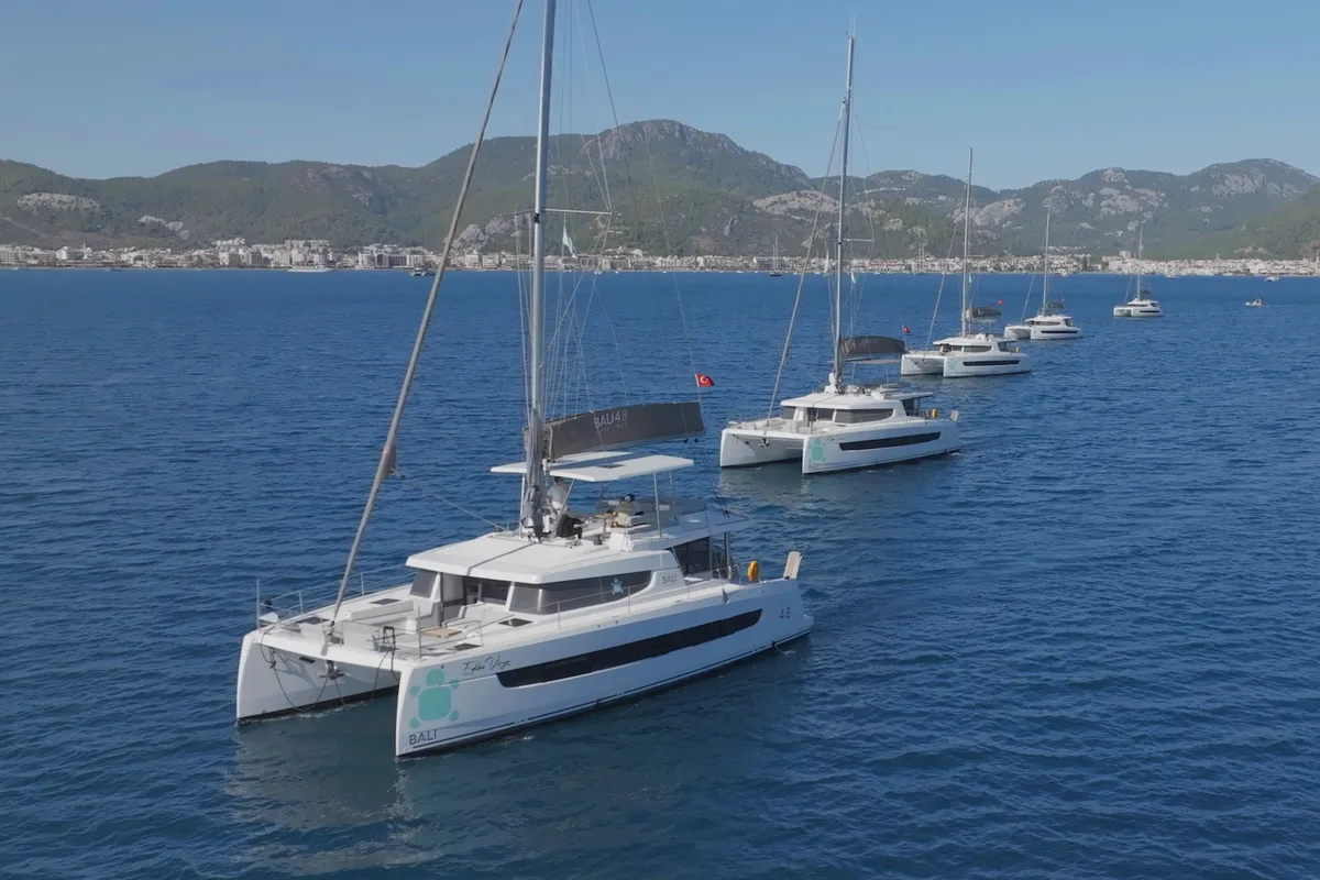 Exterior view of Virgo, a Bali 4.8 catamaran at Marmaris, Turkey