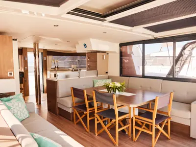 Salon of Virgo, a Bali 4.8 catamaran at Marmaris, Turkey