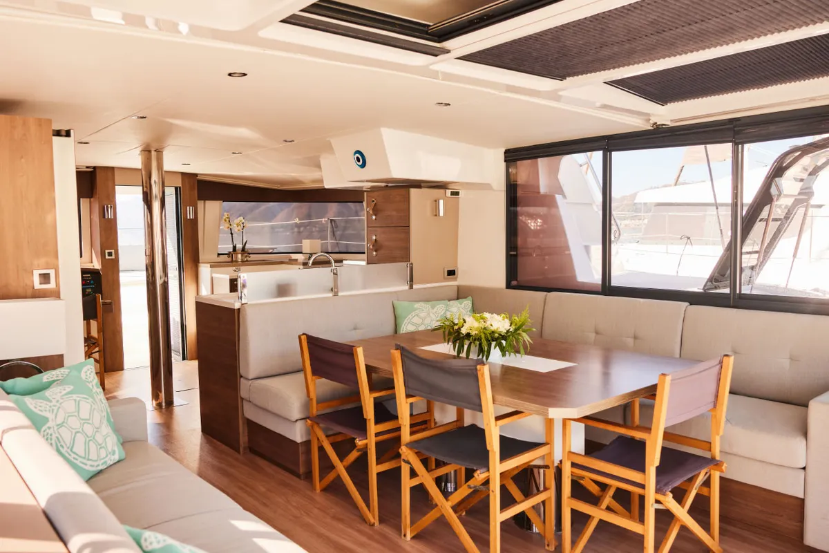 Salon of Virgo, a Bali 4.8 catamaran at Marmaris, Turkey