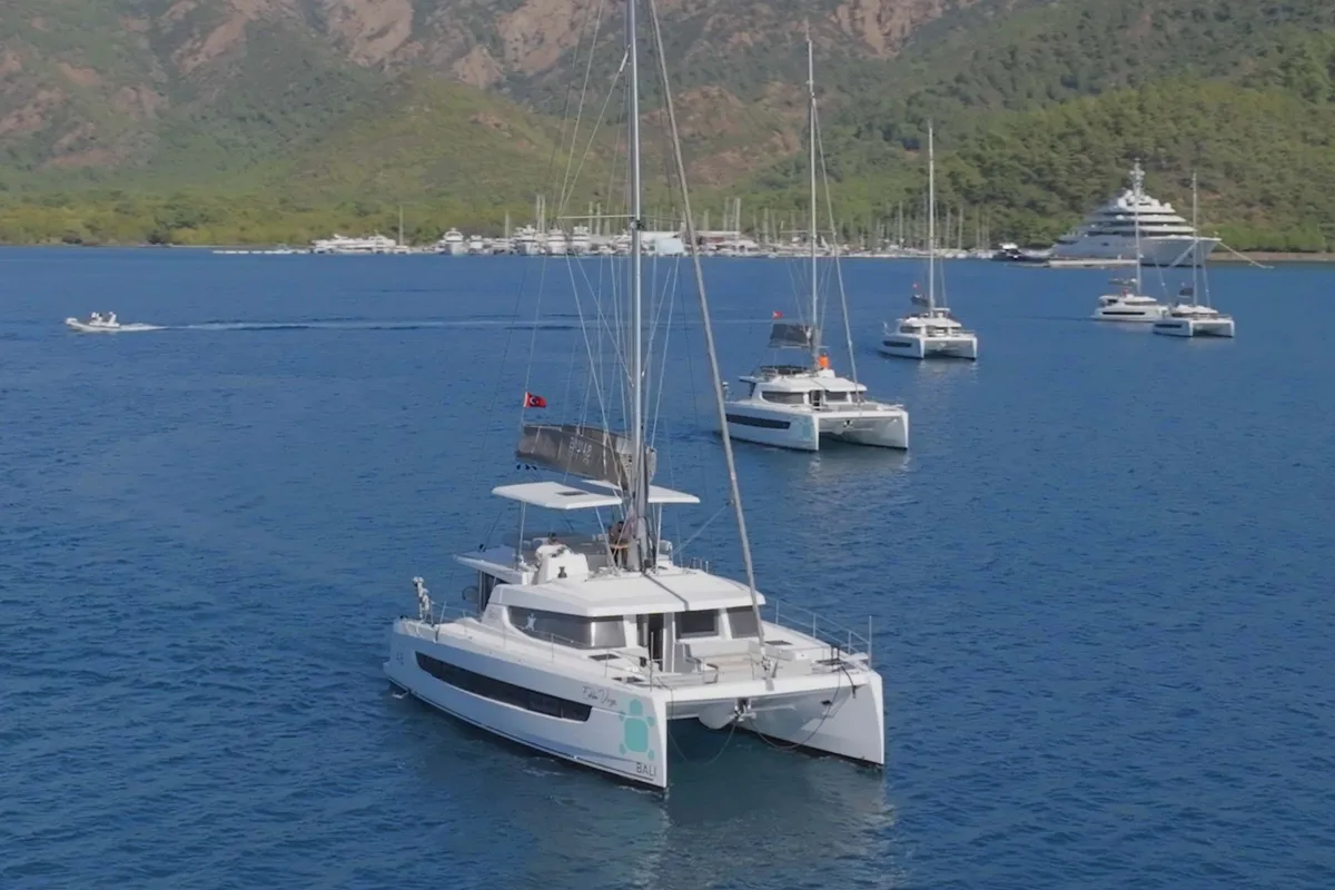 Exterior view of Virgo, a Bali 4.8 catamaran at Marmaris, Turkey