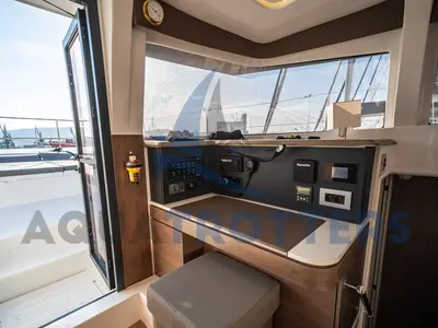 Cockpit of Silver IX, a Bali 4.2 catamaran at Volos Municipality, Greece