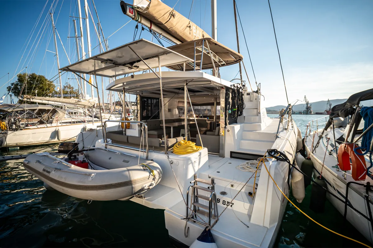 Exterior view of Silver IX, a Bali 4.2 catamaran at Volos Municipality, Greece