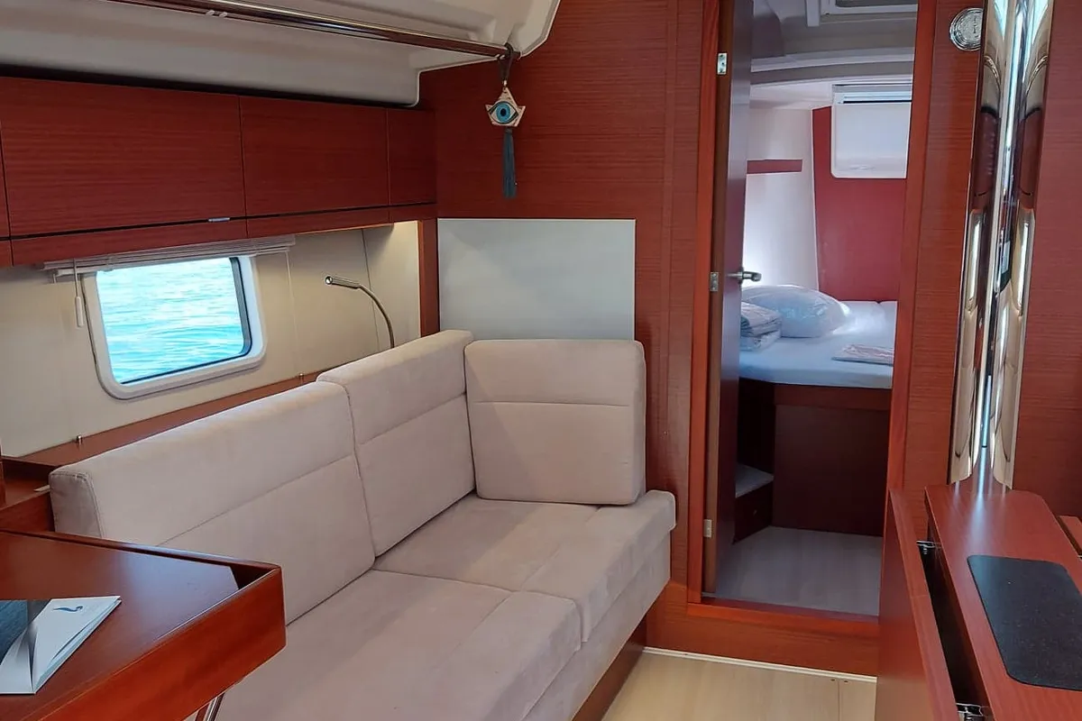 Salon of Themisto, a Hanse 418 sailboat at Lavrion, Greece