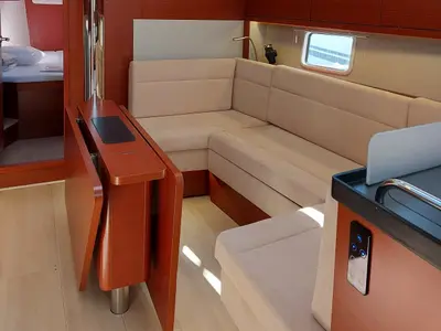 Salon of Themisto, a Hanse 418 sailboat at Lavrion, Greece