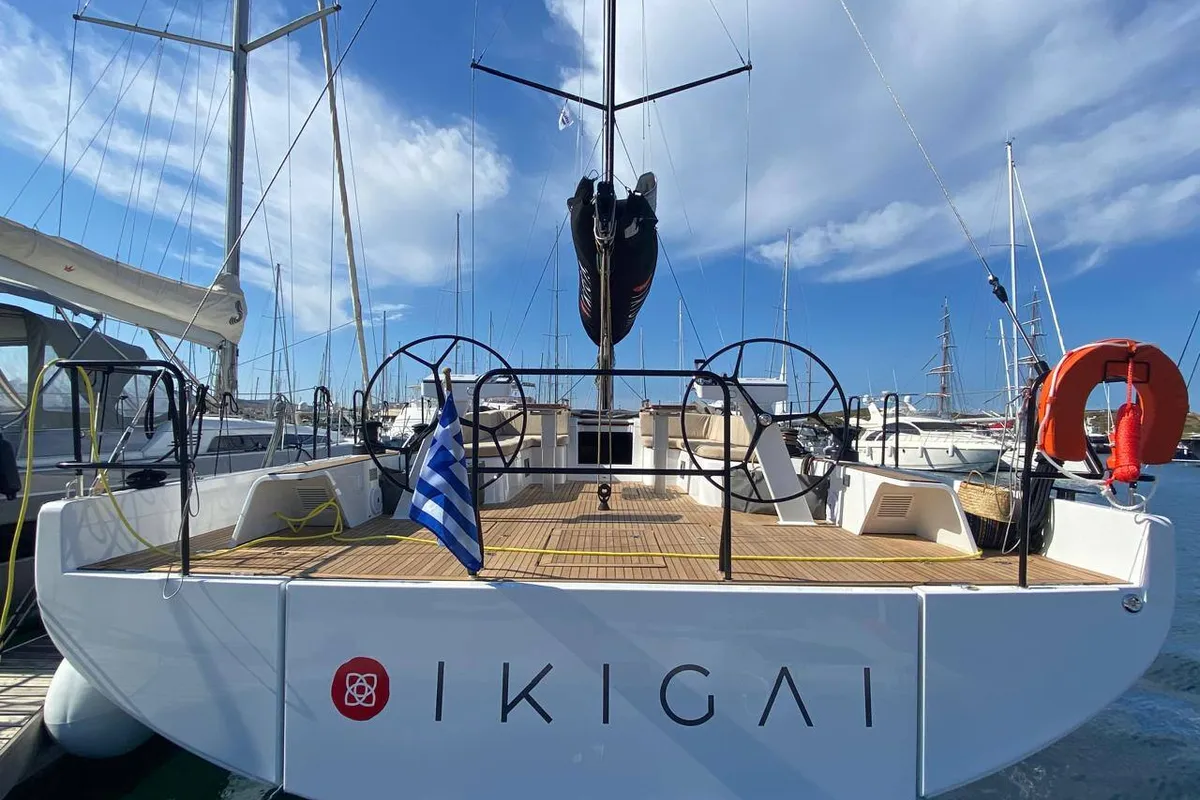 Exterior view of Ikigai, a Beneteau First 53 sailboat at Lavrion, Greece