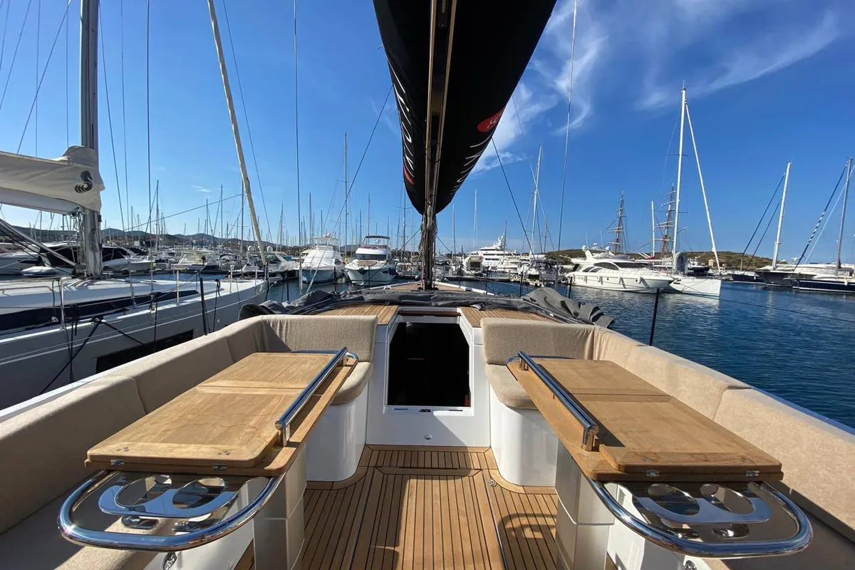 Deck of Ikigai, a Beneteau First 53 sailboat at Lavrion, Greece