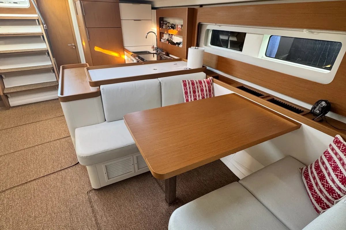 Salon of Ikigai, a Beneteau First 53 sailboat at Lavrion, Greece