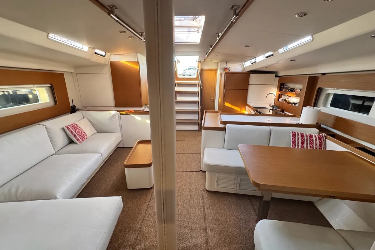 Salon of Ikigai, a Beneteau First 53 sailboat at Lavrion, Greece