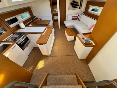 Salon of Ikigai, a Beneteau First 53 sailboat at Lavrion, Greece