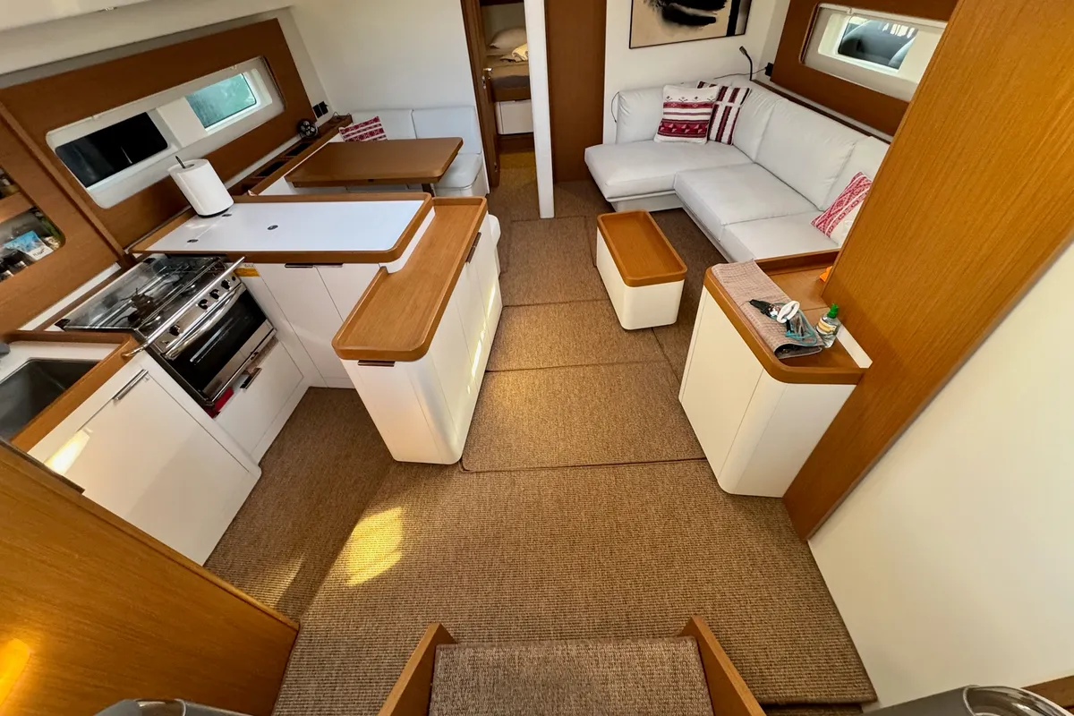 Salon of Ikigai, a Beneteau First 53 sailboat at Lavrion, Greece