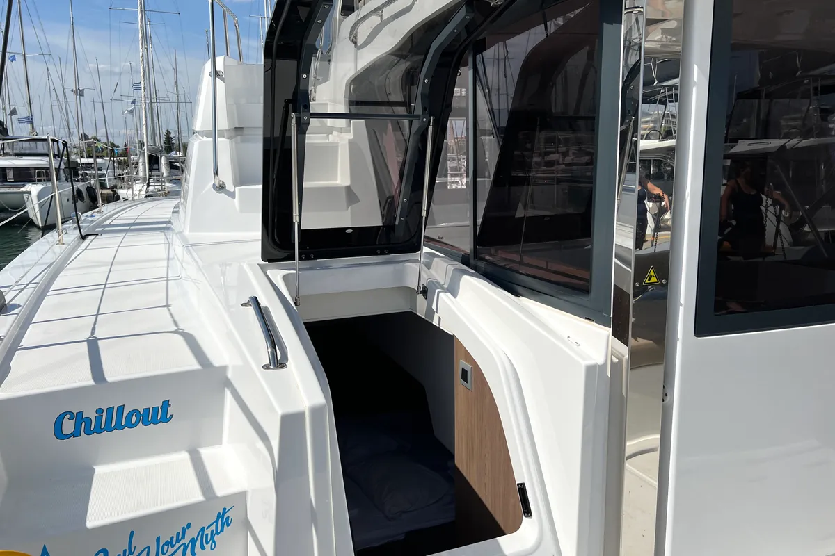 Deck of Chillout, a Bali 4.6 catamaran at Athens, Greece