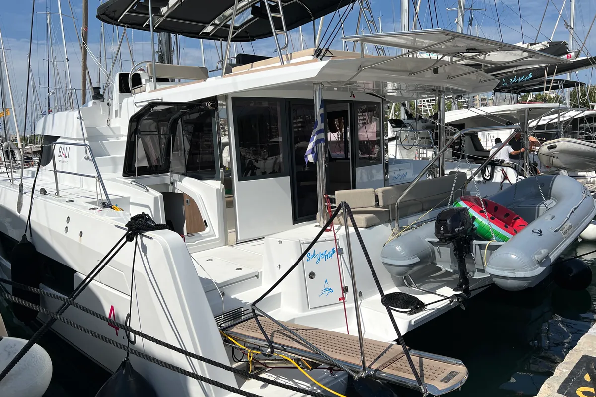Exterior view of Chillout, a Bali 4.6 catamaran at Athens, Greece