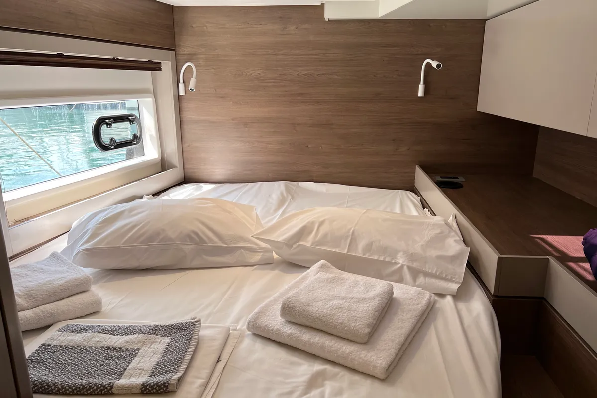 Cabin on Chillout, a Bali 4.6 catamaran at Athens, Greece