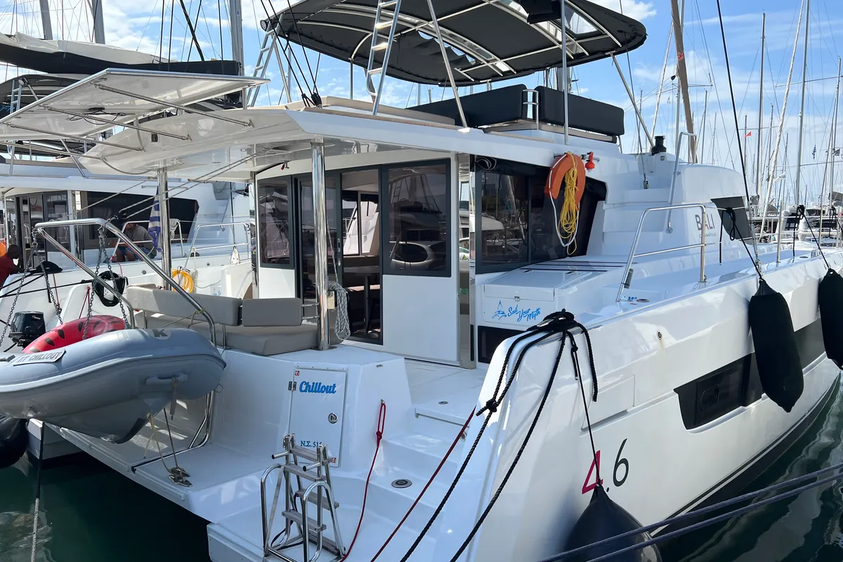 Exterior view of Chillout, a Bali 4.6 catamaran at Athens, Greece