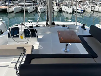 Cockpit of Chillout, a Bali 4.6 catamaran at Athens, Greece