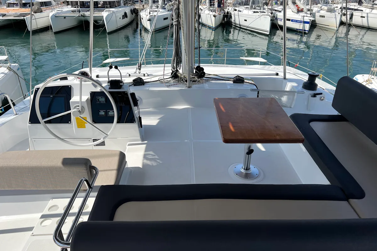 Cockpit of Chillout, a Bali 4.6 catamaran at Athens, Greece