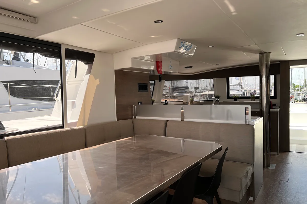Salon of Chillout, a Bali 4.6 catamaran at Athens, Greece