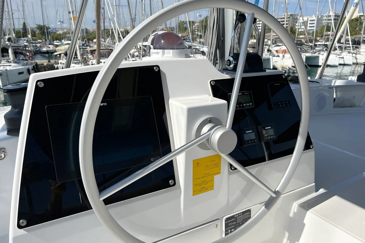 Cockpit of Chillout, a Bali 4.6 catamaran at Athens, Greece
