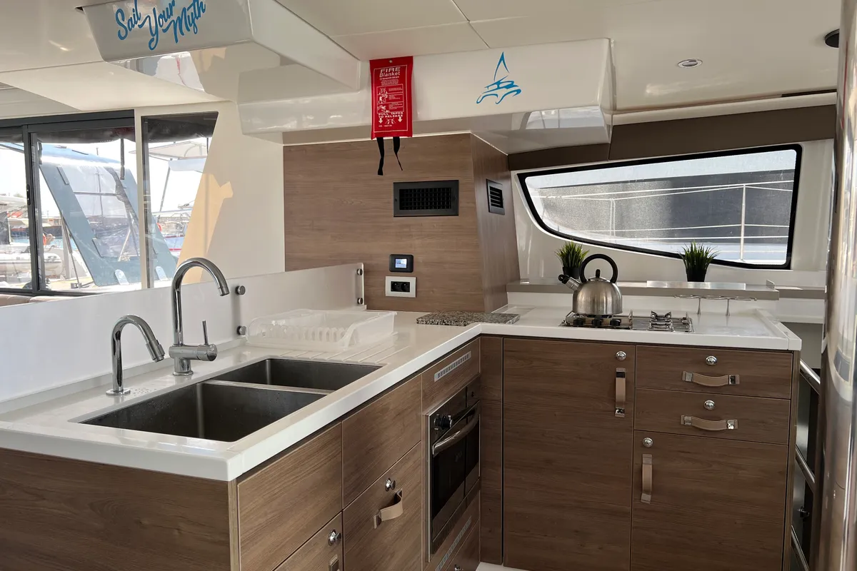 Galley of Chillout, a Bali 4.6 catamaran at Athens, Greece