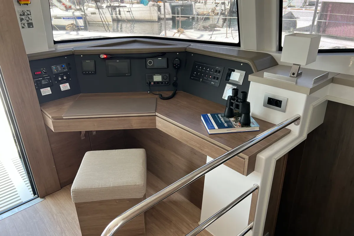 Cockpit of Chillout, a Bali 4.6 catamaran at Athens, Greece