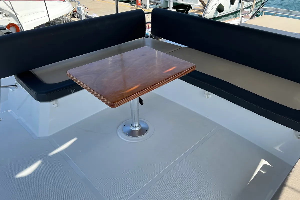 Cockpit of Chillout, a Bali 4.6 catamaran at Athens, Greece