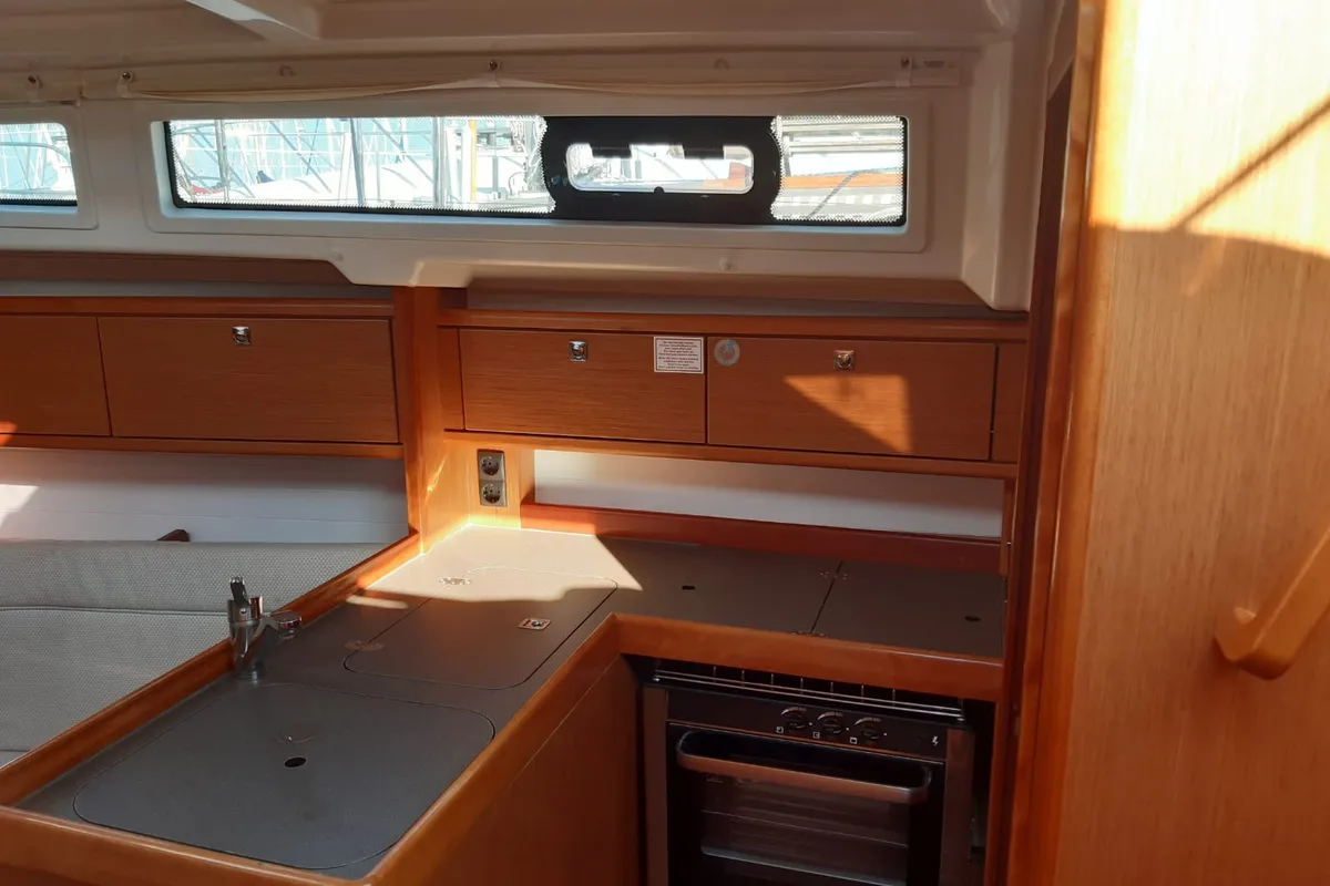 Galley of Olympia, a Bavaria Cruiser 34 sailboat at Puntone di Scarlino, Italy