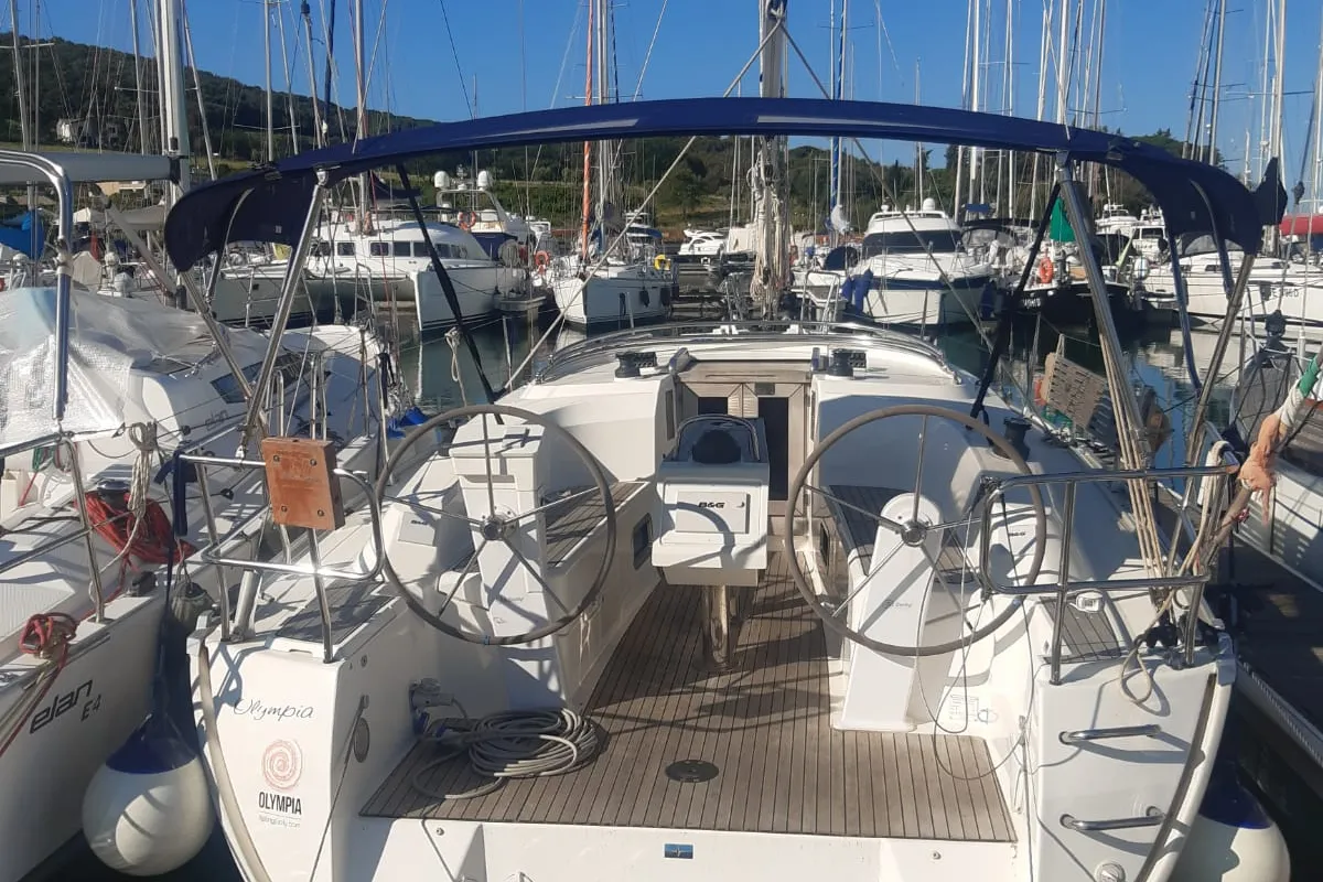 Cockpit of Olympia, a Bavaria Cruiser 34 sailboat at Puntone di Scarlino, Italy