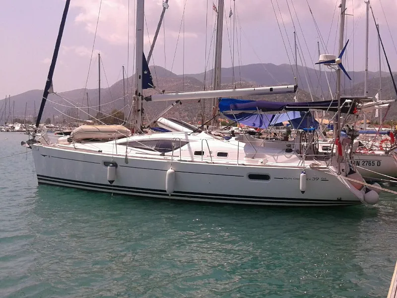 Exterior view of Afroditi, a Jeanneau Sun Odyssey 39 DS sailboat at Palairos, Greece
