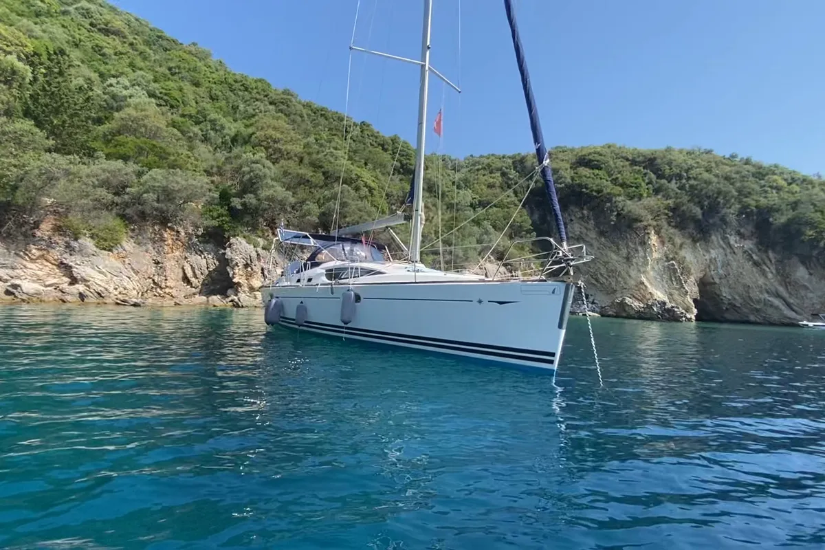 Exterior view of Afroditi, a Jeanneau Sun Odyssey 39 DS sailboat at Palairos, Greece