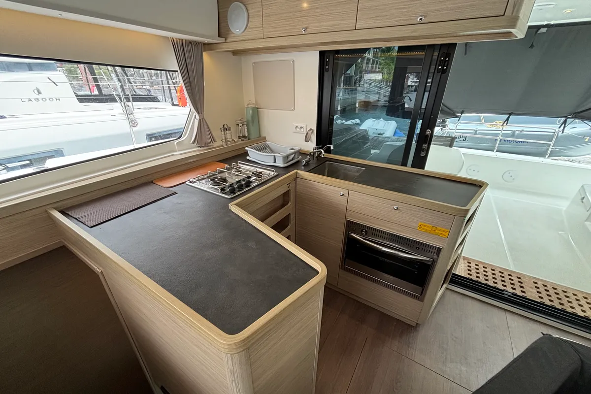 Galley of Victoria, a Lagoon 42 catamaran at Roche Caiman, Seychelles