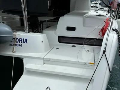 Deck of Victoria, a Lagoon 42 catamaran at Roche Caiman, Seychelles