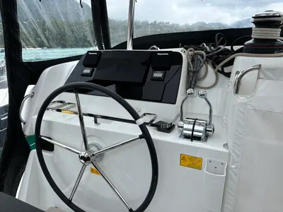 Cockpit of Victoria, a Lagoon 42 catamaran at Roche Caiman, Seychelles