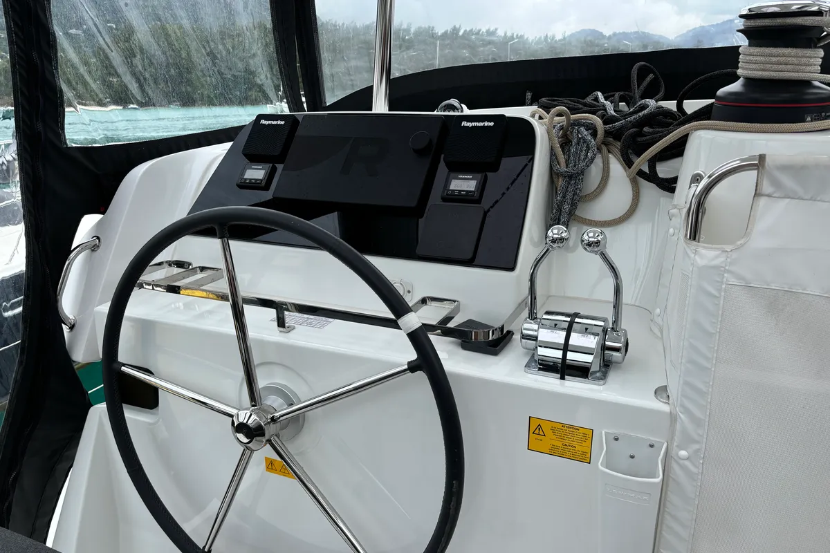 Cockpit of Victoria, a Lagoon 42 catamaran at Roche Caiman, Seychelles