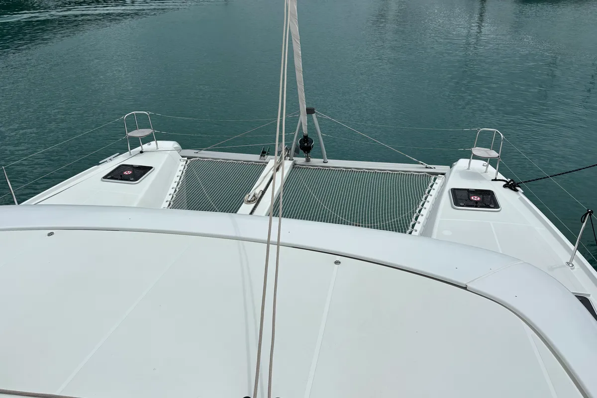Deck of Victoria, a Lagoon 42 catamaran at Roche Caiman, Seychelles