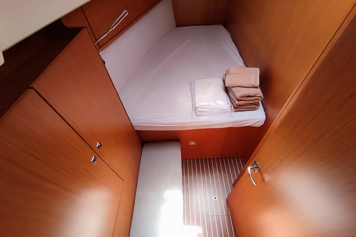 Cabin on Charm, a Bavaria Cruiser 46 sailboat at Lavrion, Greece
